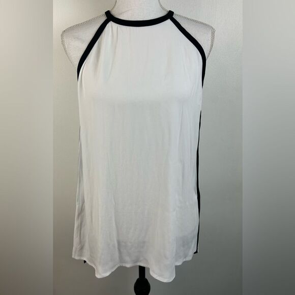 Max Studio Halter Style Women’s Tunic Top White Black Keyhole Back Size M NWT - Picture 1 of 5